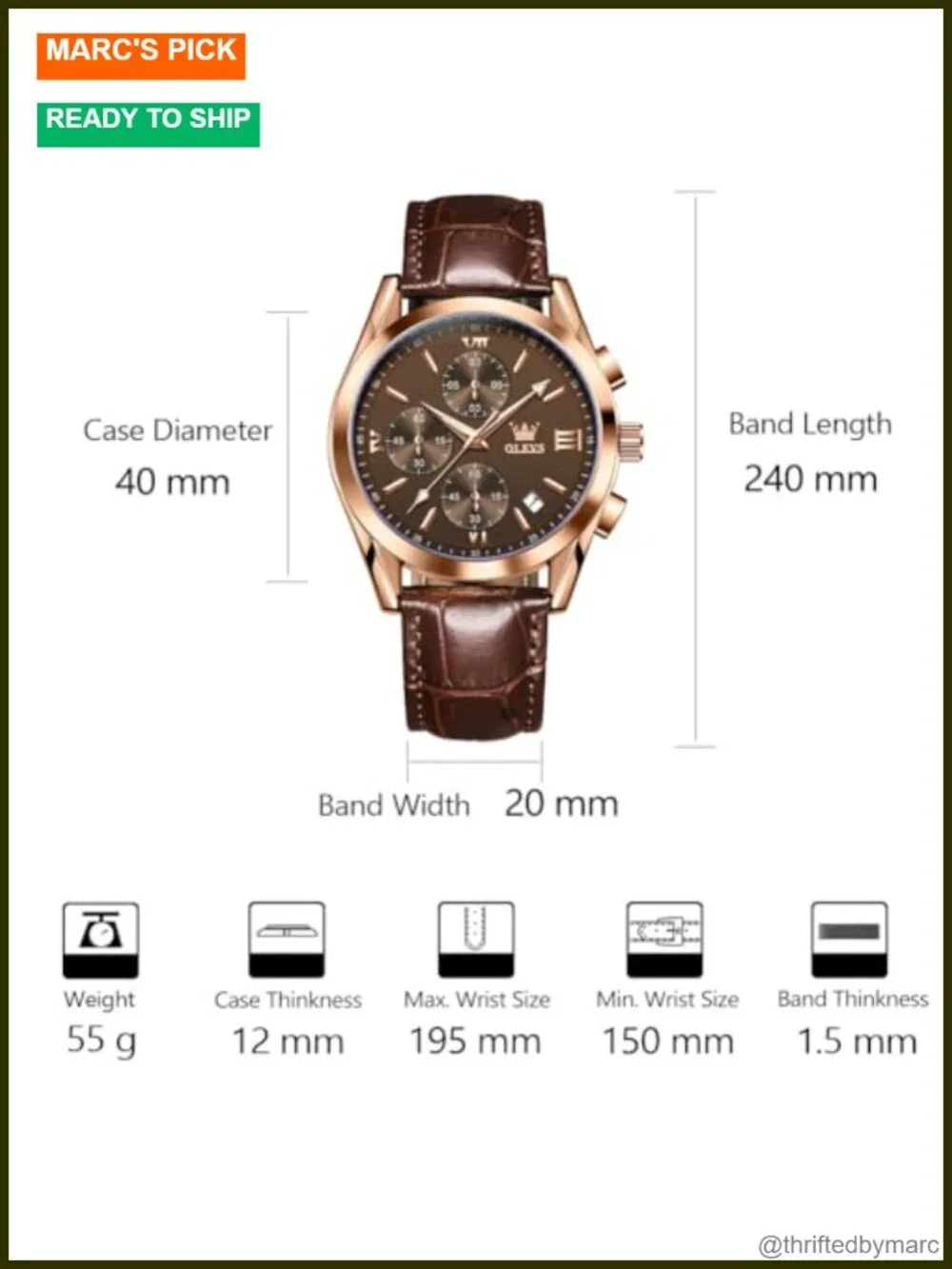 Men's Casual Leather Watch, Big Face Chronograph, Water Resistant Date Analog